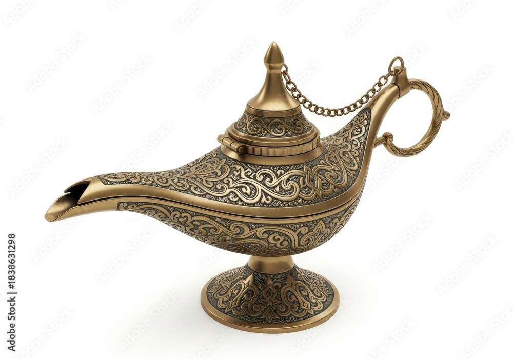 Fototapeta premium Ornate antique metal oil lamp rests against a stark white background