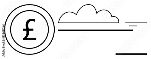 Currency concept. The British pound symbol with cloud and lines currency trends, financial growth, and cloud computing. Currency integration for fintech and global trade. Great for banking, finance