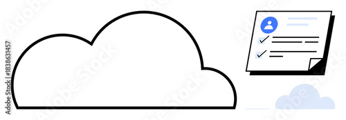 Large cloud outline and document featuring checklist and user profile. Ideal for data storage, digital organization, cloud computing, technology, productivity, document management, and simple flat