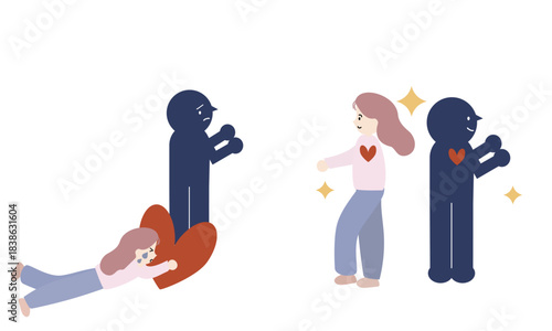 愛してもらえないと生きられない女性と、自立して生きる女性のイラスト