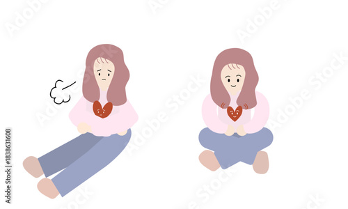 心が疲れている女性と心が元気になっていく女性のイラスト