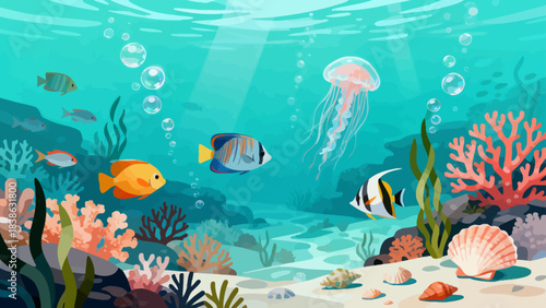 This vibrant underwater illustration depicts a tropical marine ecosystem: colorful fish, jellyfish, coral, seaweed, and shells, bathed in soft light, creating a serene, diverse aquatic scene.