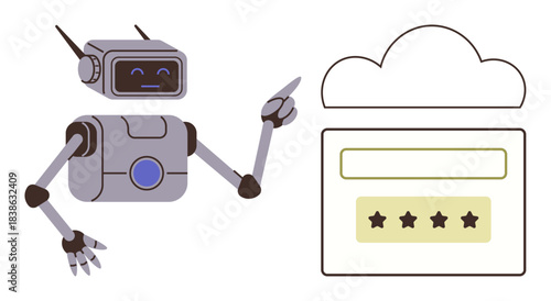 Robot pointing at a cloud interface with a star rating system, implying technology, AI, and user feedback. Ideal for automation, cloud computing, AI, user experience, customer review digital