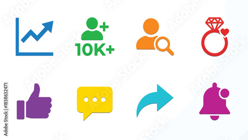 Collection of social media and business growth icons symbolizing engagement and success