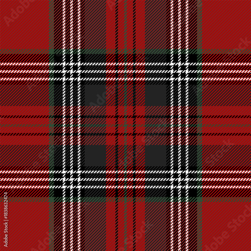 Christmas and new year tartan plaid. Scottish pattern in black, red, green and white cage. Scottish cage. Traditional Scottish checkered background. Seamless fabric texture. Vector illustration