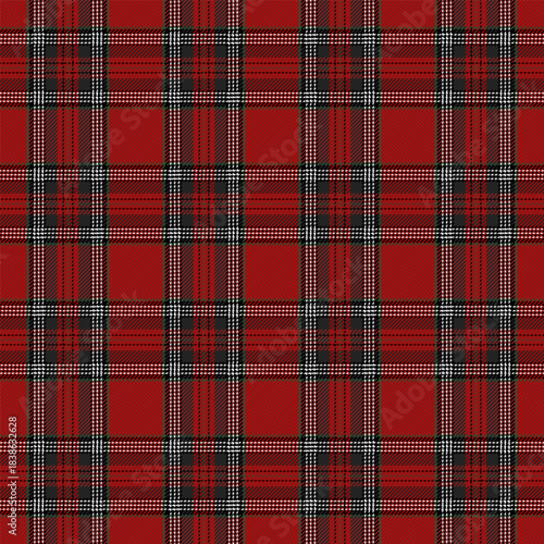 Christmas and new year tartan plaid. Scottish pattern in black, red, green and white cage. Scottish cage. Traditional Scottish checkered background. Seamless fabric texture. Vector illustration