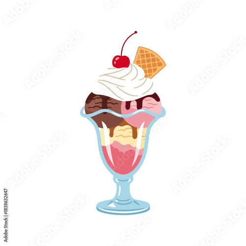 Colorful Ice Cream Sundae with Cherry and Waffle Decoration