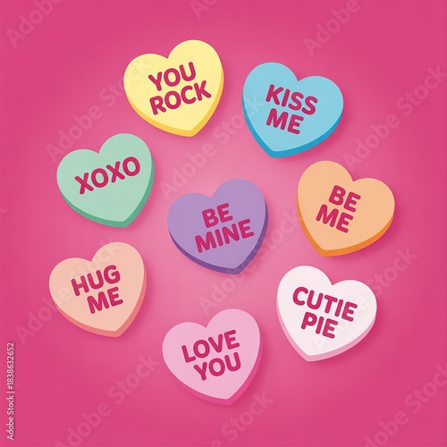 Valentine's Day Heart Shaped Candy Messages XOXO Love You Be Mine Kiss Me Hug Me Cute Pie Colorful Design Elements for Valentine's Day Cards and Invitations