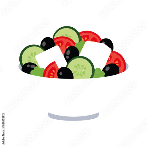 Fresh Salad Bowl Illustration Tomatoes, Olives, Cucumber, Feta