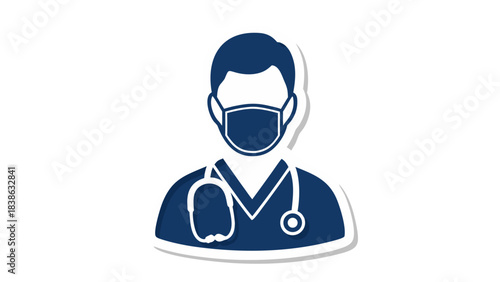Stylized Icon of a Medical Professional Wearing a Face Mask and Stethoscope in Dark Blue and White with a Shadow Effect