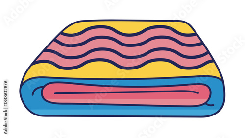 Stylized illustration of a folded blanket featuring a yellow top layer with blue wavy lines over a pink layer and a blue bottom layer with folded pink material inside on a black background