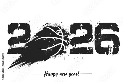 Numbers 2026 and flying abstract basketball ball made from blots with by milky way in grunge style. Happy New Year 2026. Design template for greeting card. Vector illustration on isolated background