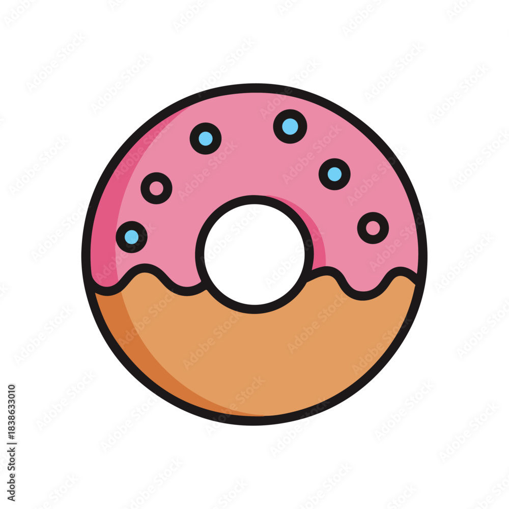 Fototapeta premium Pink Frosted Donut with Sprinkles and Black Outline on White