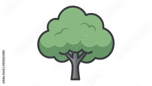 Stylized Green Tree with Thick Trunk and Dense Foliage on a Black Background Simple Vector Illustration