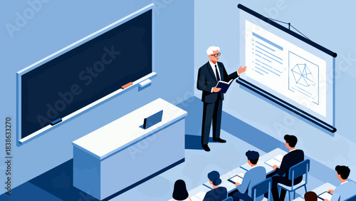 This isometric illustration depicts a classroom scene: a teacher lectures in front of a classroom, while students sit at desks taking notes, capturing a typical educational learning environment.