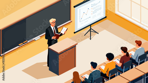 This isometric illustration depicts a classroom scene: a teacher lectures in front of a classroom, while students sit at desks taking notes, capturing a typical educational learning environment.