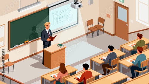 This isometric illustration depicts a classroom scene: a teacher lectures in front of a classroom, while students sit at desks taking notes, capturing a typical educational learning environment.