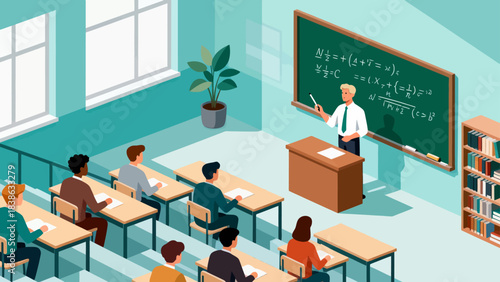 This isometric illustration depicts a classroom scene: a teacher lectures in front of a classroom, while students sit at desks taking notes, capturing a typical educational learning environment.