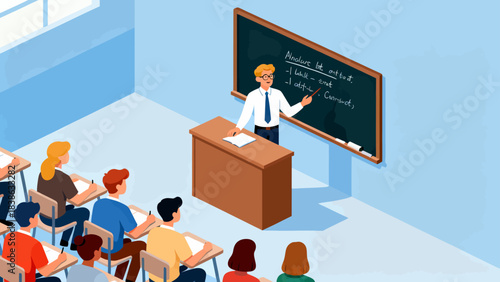 This isometric illustration depicts a classroom scene: a teacher lectures in front of a classroom, while students sit at desks taking notes, capturing a typical educational learning environment.