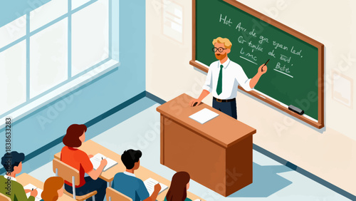 This isometric illustration depicts a classroom scene: a teacher lectures in front of a classroom, while students sit at desks taking notes, capturing a typical educational learning environment.