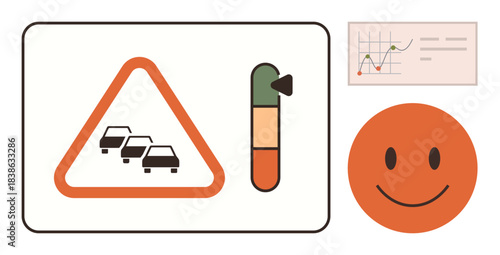 Congestion warning sign with traffic icon, performance gauge indicator, happy face, and graph. Ideal for transportation, performance monitoring, logistics, planning, safety user satisfaction simple