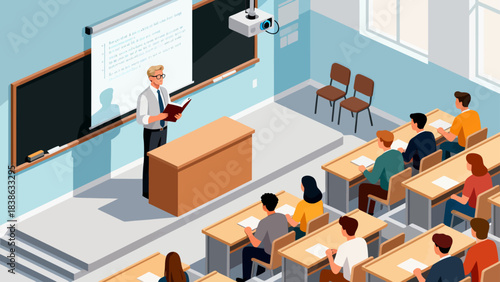This isometric illustration depicts a classroom scene: a teacher lectures in front of a classroom, while students sit at desks taking notes, capturing a typical educational learning environment.