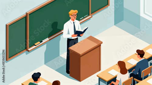 This isometric illustration depicts a classroom scene: a teacher lectures in front of a classroom, while students sit at desks taking notes, capturing a typical educational learning environment.