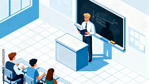 This isometric illustration depicts a classroom scene: a teacher lectures in front of a classroom, while students sit at desks taking notes, capturing a typical educational learning environment.