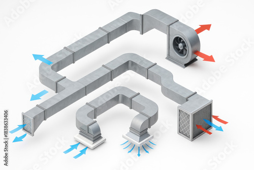 Isometric HVAC ventilation system diagram showing ducts, air filters, fans and airflow arrows