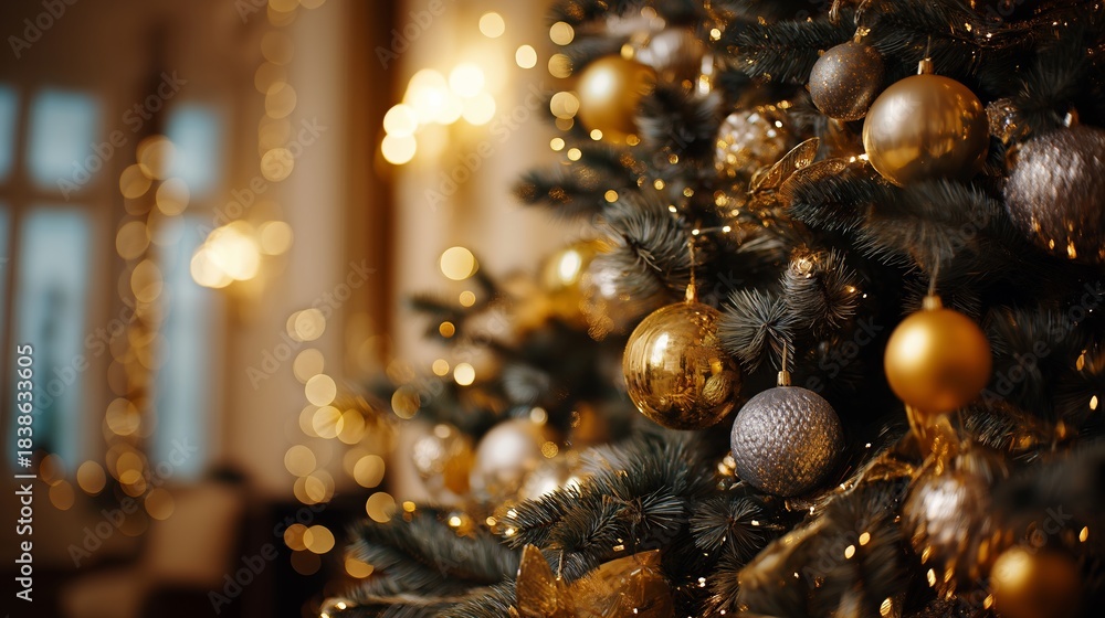 Fototapeta premium Beautifully Decorated Christmas Tree with Warm Lights, Sparkling Ornaments, and a Cozy Holiday Atmosphere Indoors