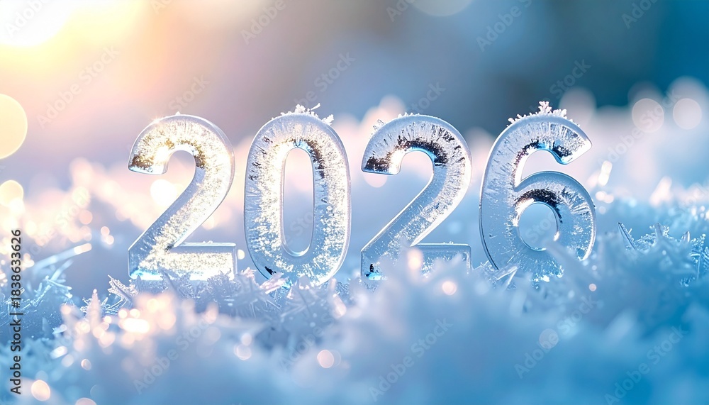 Fototapeta premium 2026 icy numbers covered in frost and snow, winter New Year background, cold blue holiday scene with soft light and copyspace