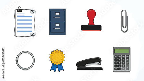 Office Supplies Icons Set Document Cabinet Stamp Stapler Calculator More