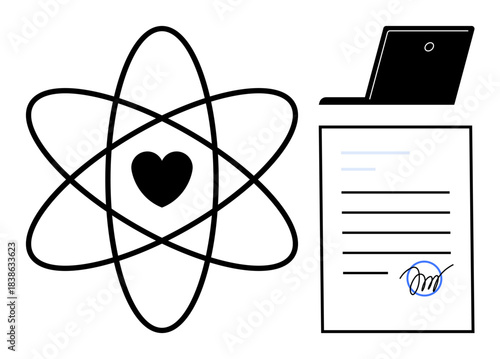 Education, digital contracts, technology, love, online learning, legal agreements. Atomic icon with heart, laptop document with signature. Education and digital contracts connected in a single image