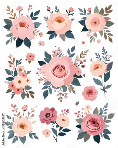 Bouquets de fleurs roses et feuillages pastel sur fond blanc, Généré par IA.