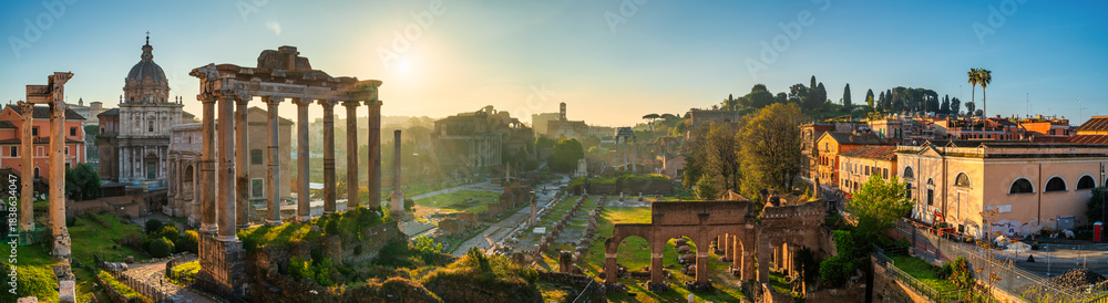 Naklejka premium Roman forum ruins at sunrise in Rome with Inscription 
