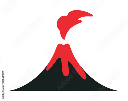 Volcano vector, minimalist erupting mountain with red lava and ash cloud — stock vector