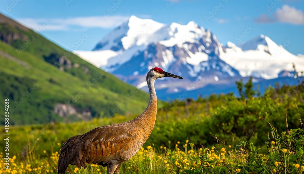 Fototapeta premium Sandhill Crane in Alaskas Wilderness - A Majestic Bird in a Stunning Landscape.