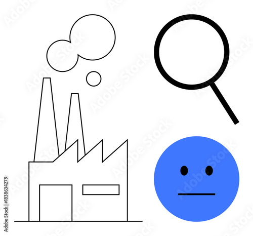 Industrial factory releasing emissions, magnifying glass symbolizing scrutiny, and neutral face expressing concern. Ideal for sustainability, pollution, responsibility, awareness, analysis