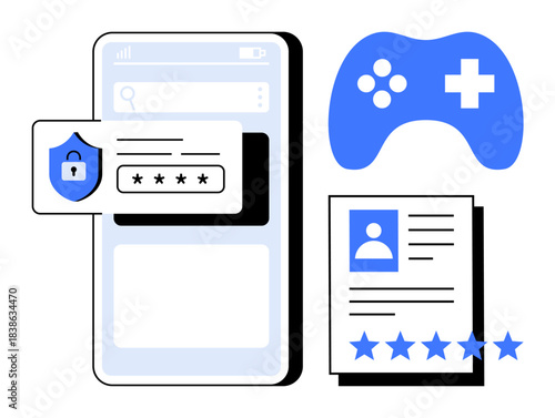 Mobile interface with secure password entry, gaming controller with cross buttons, user profile document, and star ratings. Ideal for cybersecurity, gaming, authentication, user experience, data
