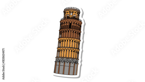 Stylized Illustration of the Leaning Tower of Pisa Medieval Romanesque Architecture Beige and Brown Tones Against a Black Background Flat Design Icon