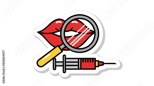 Stylized illustration of red lips viewed through a magnifying glass next to a syringe with red liquid representing cosmetic procedures and medical examination on a white background