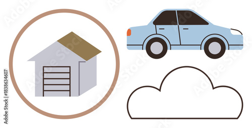 Circular-framed house, blue car, and outlined cloud in flat minimal design. Ideal for real estate, homeownership, transportation, weather, simplicity modern design visual metaphor. Clean flat