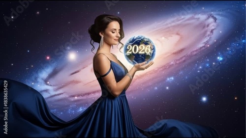 Woman in evening gown holding planet Earth with the number 2026.