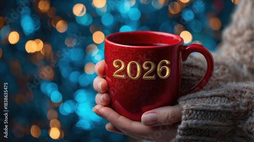 Happy New Year 2026 Concept: Woman Holding a Red Glitter Mug with Gold Numbers on a Bokeh Background,