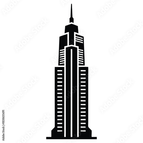 A simple black and white graphic illustration of a modern towering skyscraper building with many floors and a pointy top
