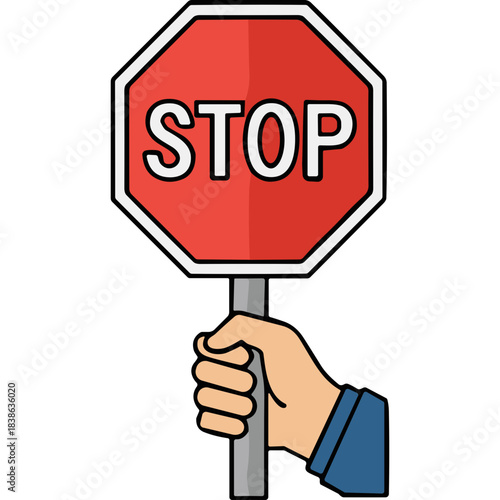 Hand Holding Red Octagonal Stop Sign With White Border And Text In Black And White Against A Black Background Vector Illustration