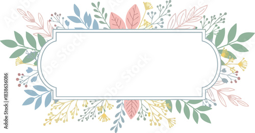 A white ornate rectangular frame surrounded by pastelcolored foliage and berries