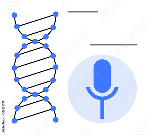 Biotechnology, genetics, voice recognition, speech analysis, AI development, scientific research. DNA helix and blue microphone illustration. Biotechnology and voice recognition concepts