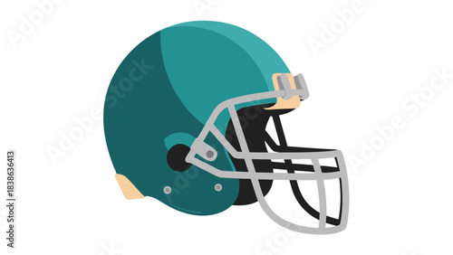 Teal Football Helmet with Grey Face Mask and Tan Chin Strap on Black Background