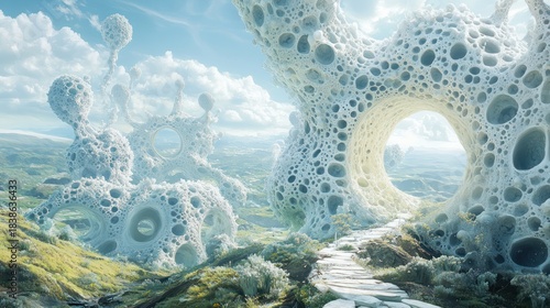 A path leads through a surreal landscape of porous, white, organic-looking rock formations under a bright blue sky.